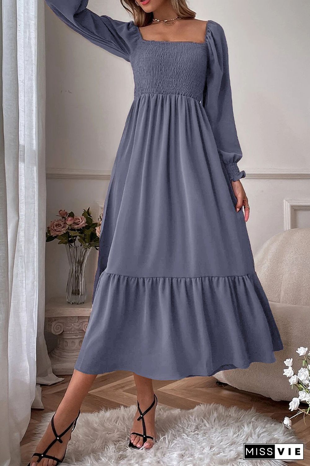 Square Neck Puff Sleeves Ruffle Long Dress