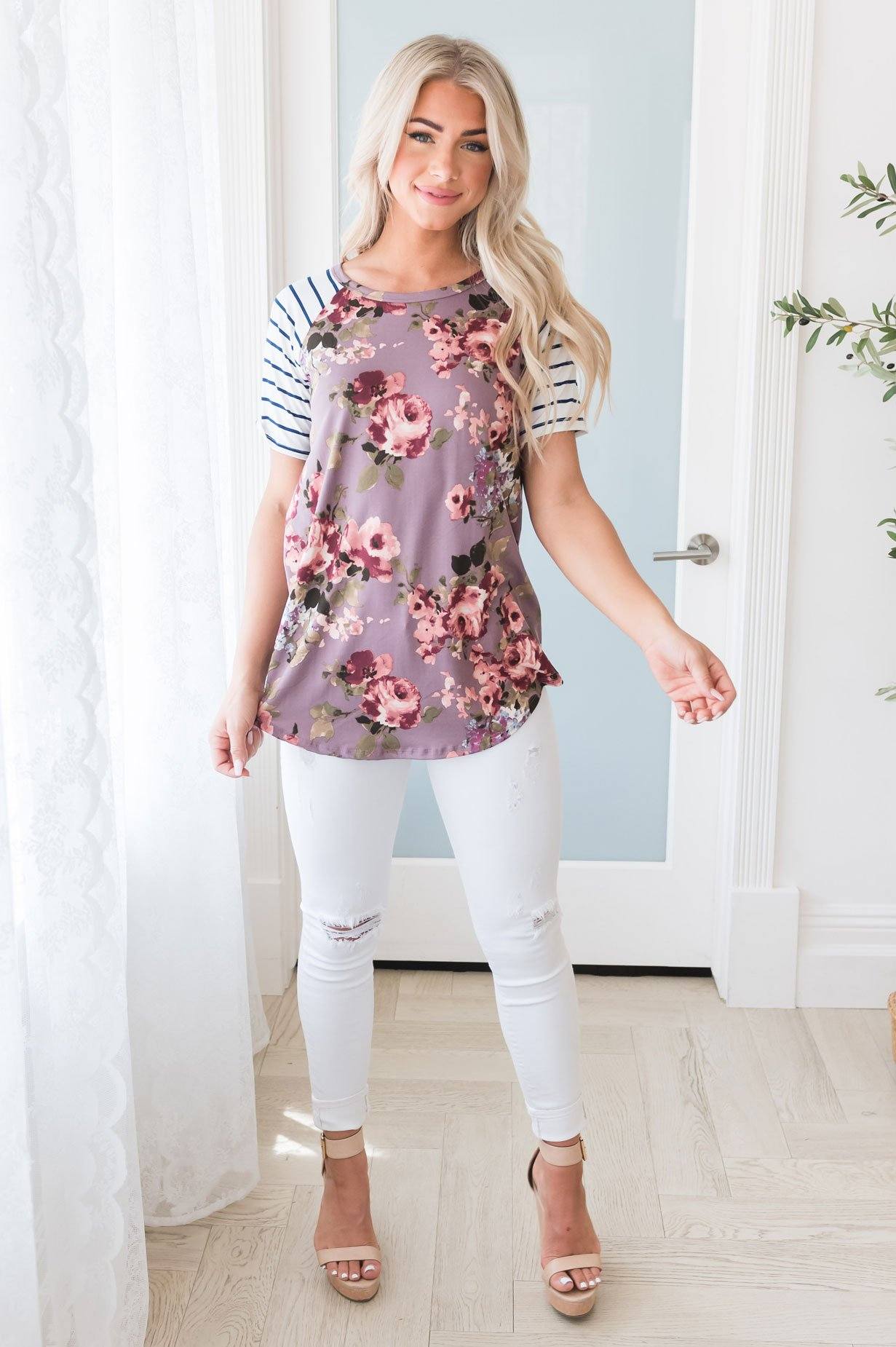 Floral & Stripes Baseball Sleeve Top