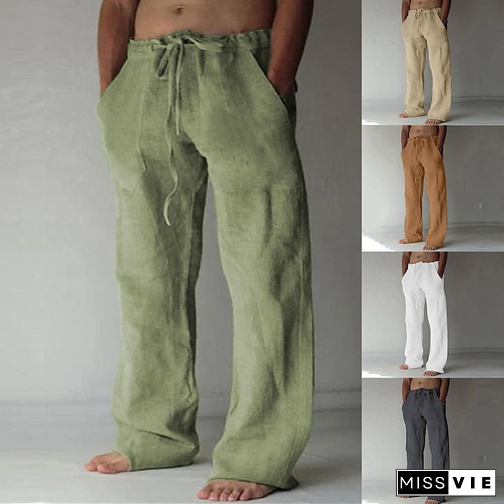 Men's Linen Pants Trousers Summer Pants Baggy Beach Pants Drawstring Front Pocket Straight Leg Plain Comfort Soft Full Length Yoga Holiday Beach Fashion Hawaiian Black White