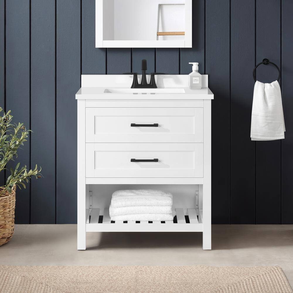 Home Decorators Collection Autumn 30 in. W x 19 in. D x 34.50 in. H Freestanding Bath Vanity in White with White Engineered Stone Top Autumn 30W