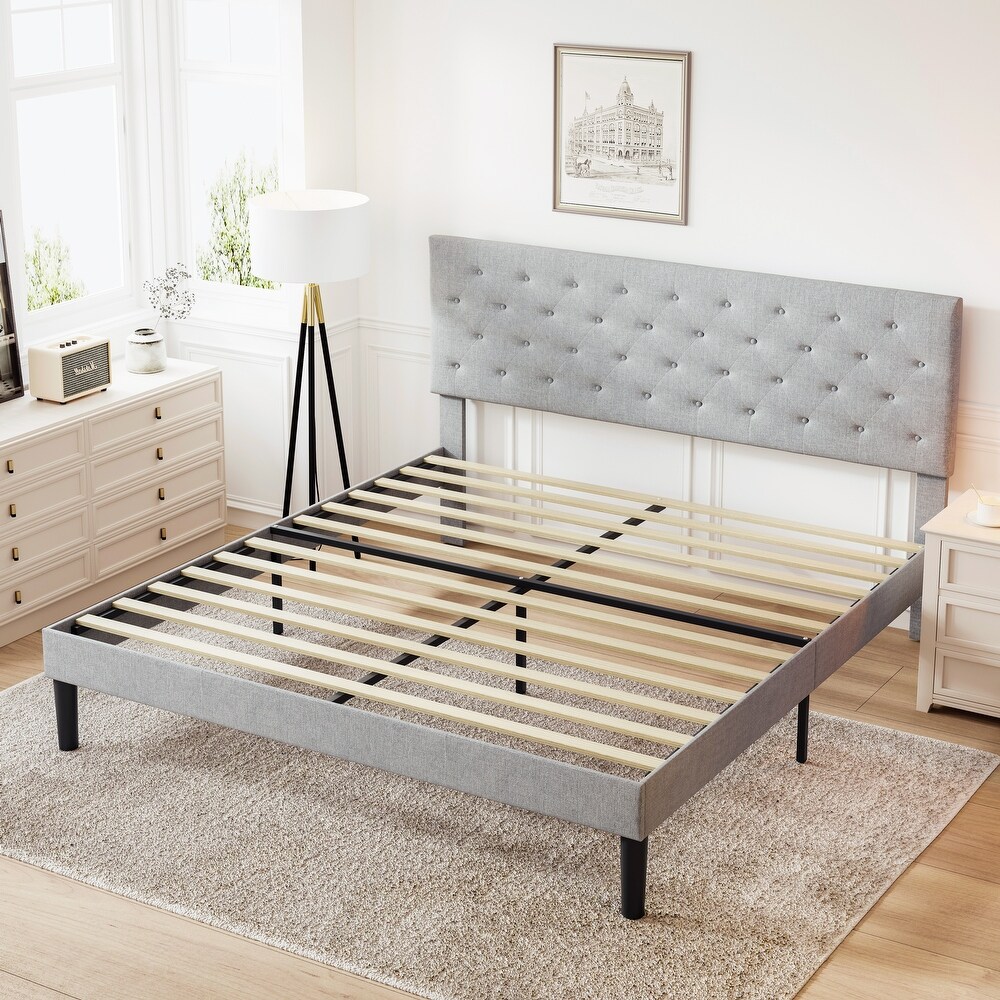 Simple Wood Slat Support Platform Bed Frame Adjustable Headboard Bed