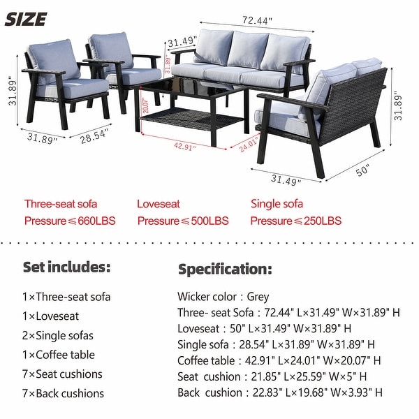 OVIOS 5piece Outdoor Steel Frame Ottoman Wicker Solid Pattern Cushion Sectional Set Glass Top Table