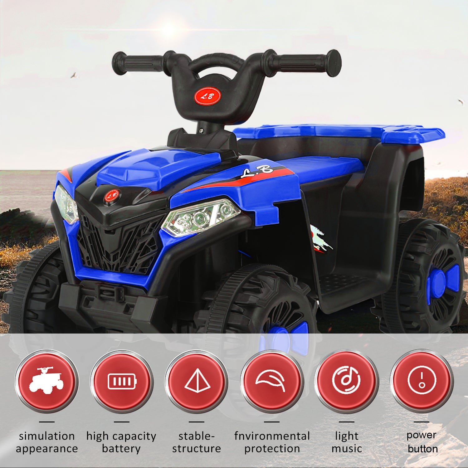 4-Wheeler Quad Powered, 6V Kids Ride-On Electric ATV, Ride-On with Music & LED Lights, Blue