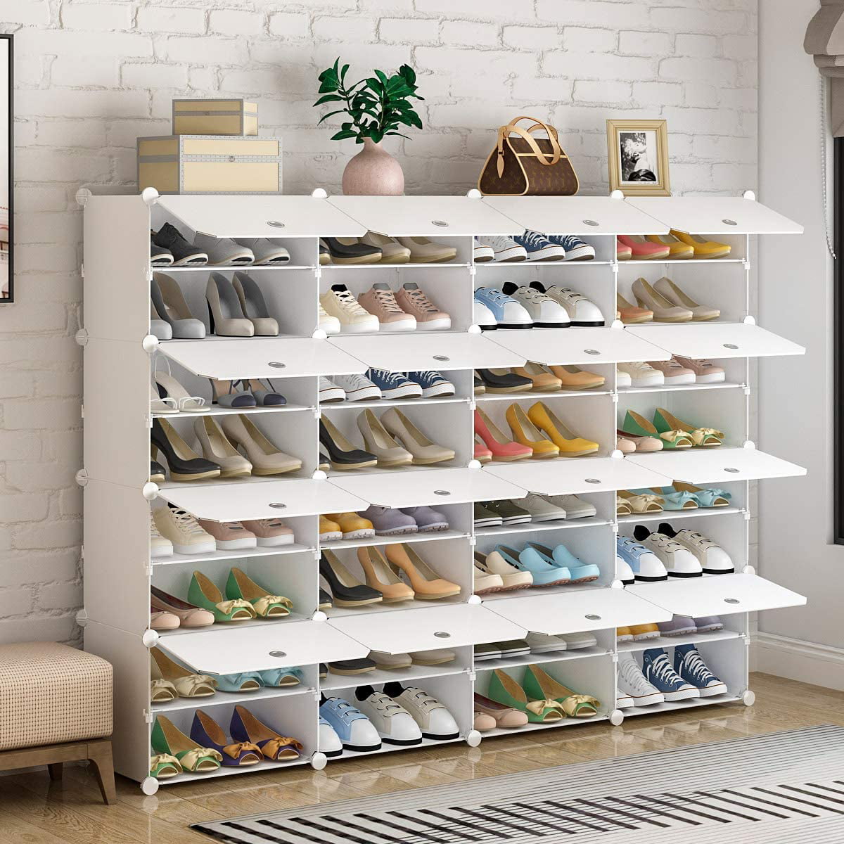 Portable Shoe Rack Organizer 8-Tier Portable 64 Pair Shoe Rack Organizer 32 Grids Tower Shelf Storage Cabinet Stand Expandable for Heels， Boots， Slippers， White