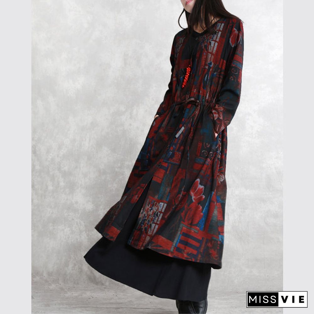 Fine burgundy print coats oversized o neck tie waist outwear Elegant long sleeve pockets coats dresses