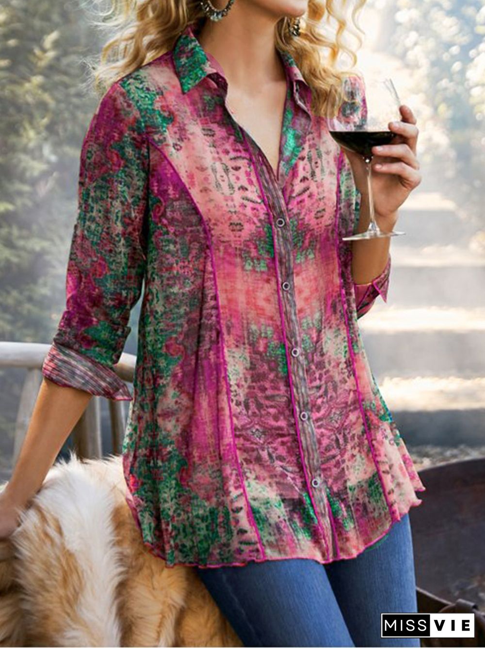 Women Casual Chiffon Floral-Print V Neck Blouse