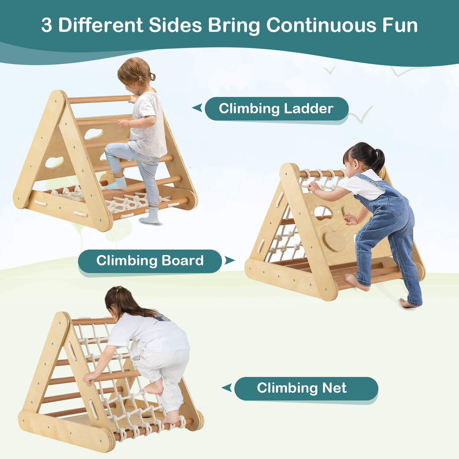 Costzon 4 in 1 Climbing Toy for Toddlers, 3-Sided Montessori Wooden Triangle Climber with Sliding Ramp, Climbing Net & Board