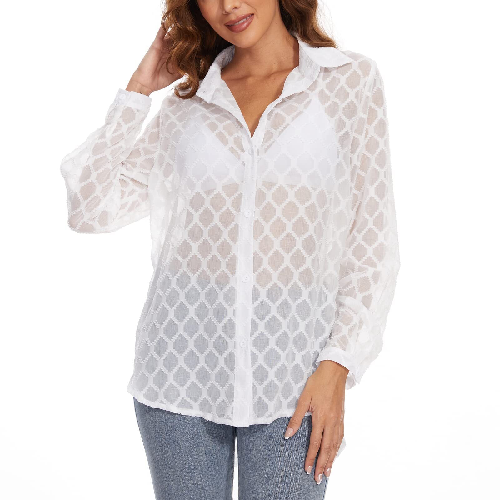 NeedBo Women's Button Down Long Sleeve V Neck Mesh Shirt See Through Sheer Blouse Tops， White L