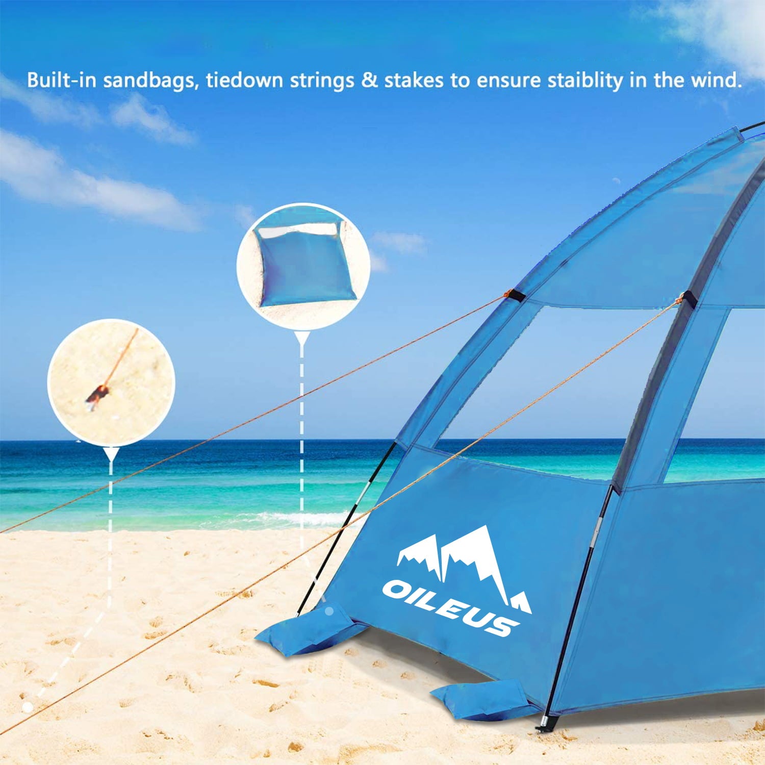 Oileus Beach Tent Pop Up Tents Sun Shade， Sun Shelter for 2-3 Person With UV Protection， Extended Floor， Mesh Roll Up Windows， Carry Bag， Stakes， 6 Sand Pockets， Lightweight and Easy Set Up， Blue