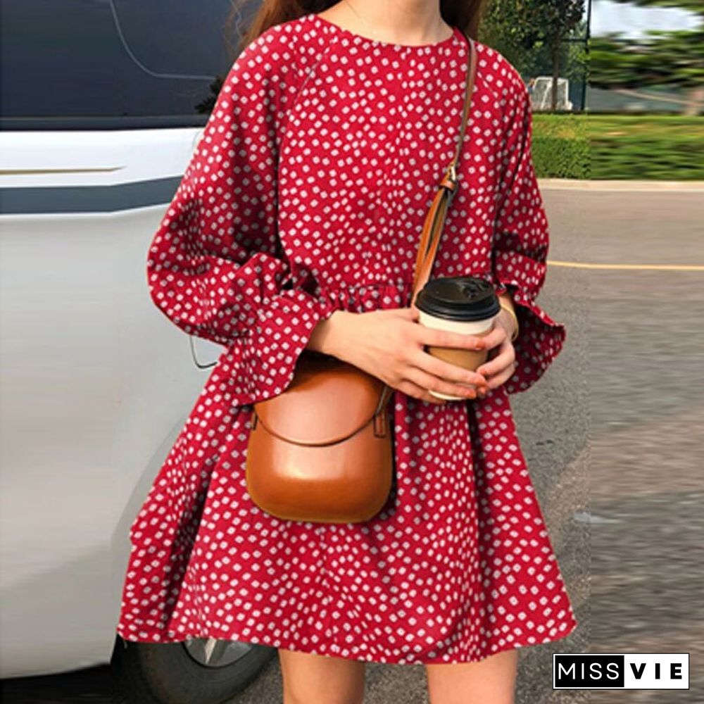 Women Fashion Small Fresh Long Sleeve O Neck Dress Early Autumn Dot Print Mini Dress Ladies Casual Loose High Waist Dresses