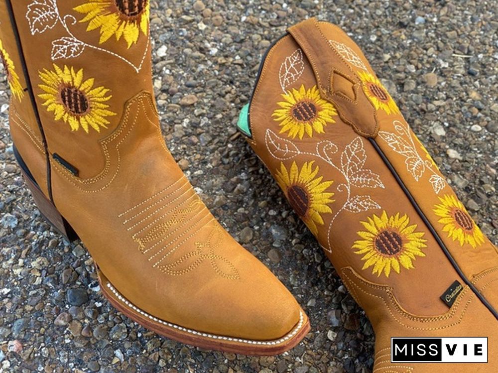 Women's Boot Sunflower Embroidery Cowboy Boots for Women Thick Heel Leather Boots Plus Size 35-43