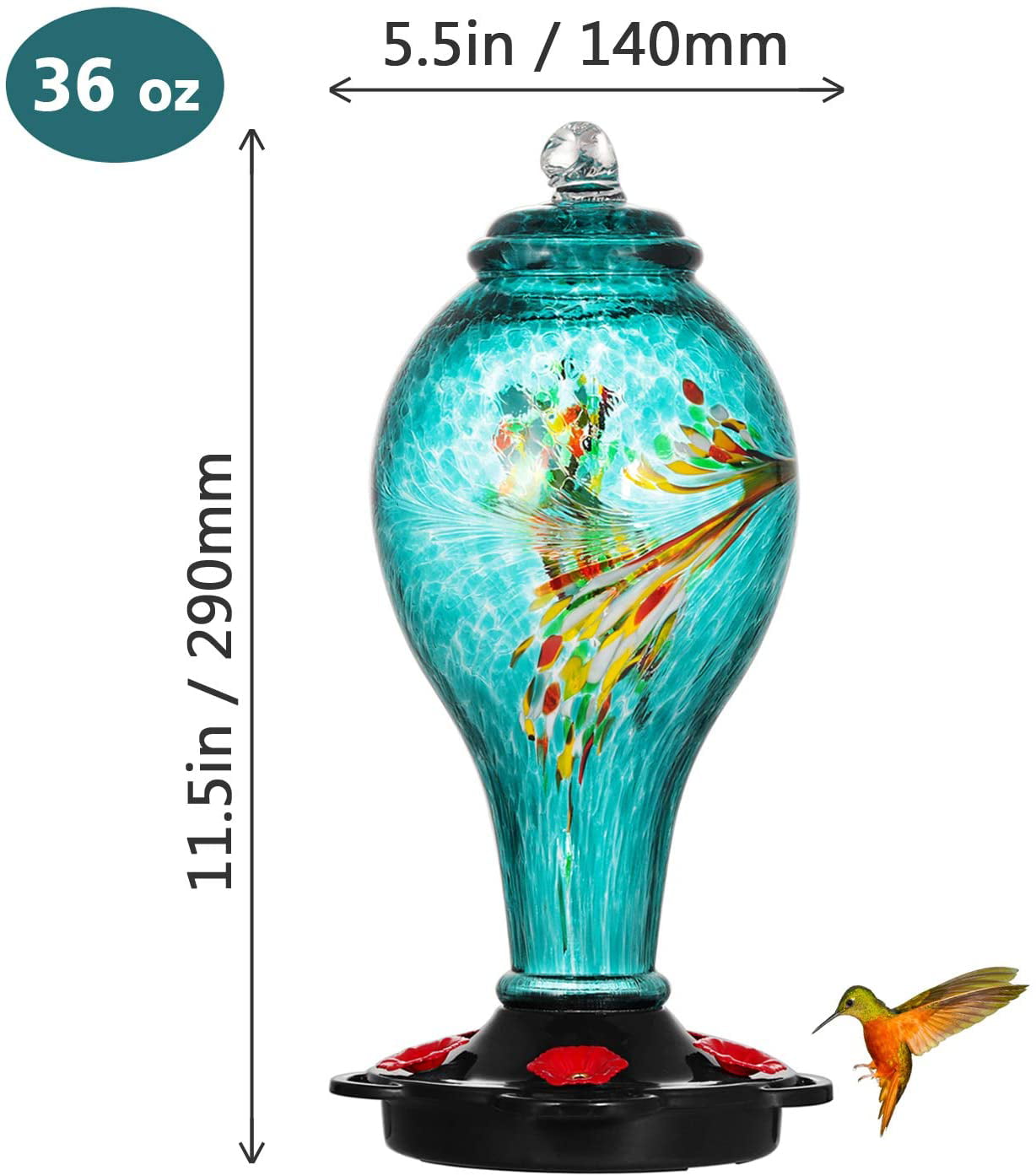 LUJII Hummingbird Feeder， Hand Blown Glass Hummingbird Feeder， Never Fade， 36 Fluid Ounces， 5 Feeding Metal Stations， Much Bigger， Garden Backyard Decorative， Containing Ant Moat， Teal