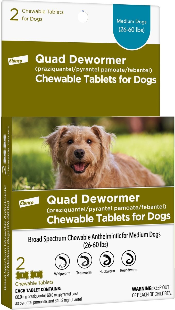 Elanco Quad Dewormer for Hookworms， Roundworms， Tapeworms and Whipworms for Medium Breed Dogs