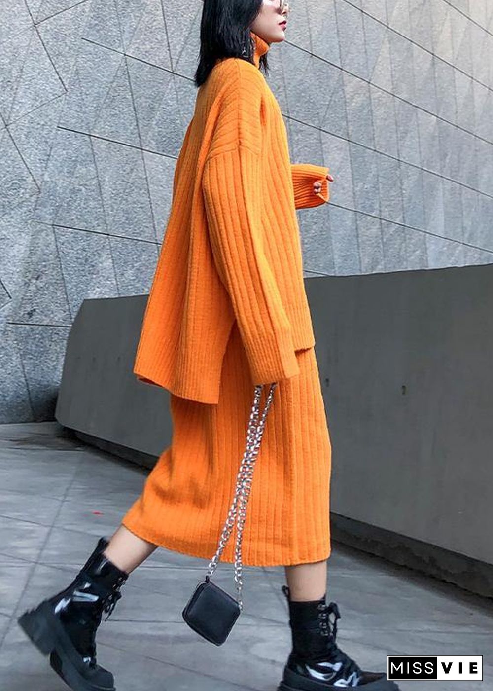 High neck sweater suit skirt two-piece long over-the-knee temperament autumn and winter knitted skirt