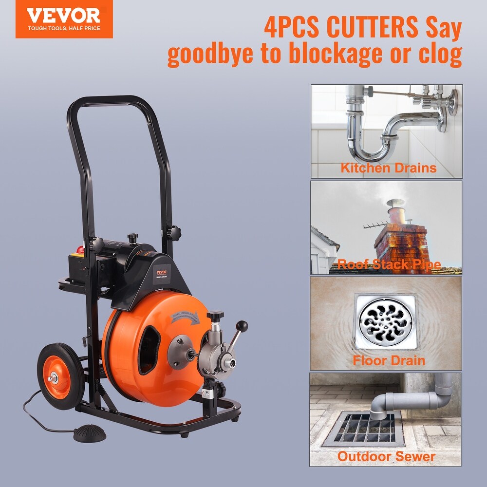 VEVOR 1800rpm Drain Cleaning Machine Sewer Auger Auto Feed with 4 Cutter Air activated Foot Switch for 1\
