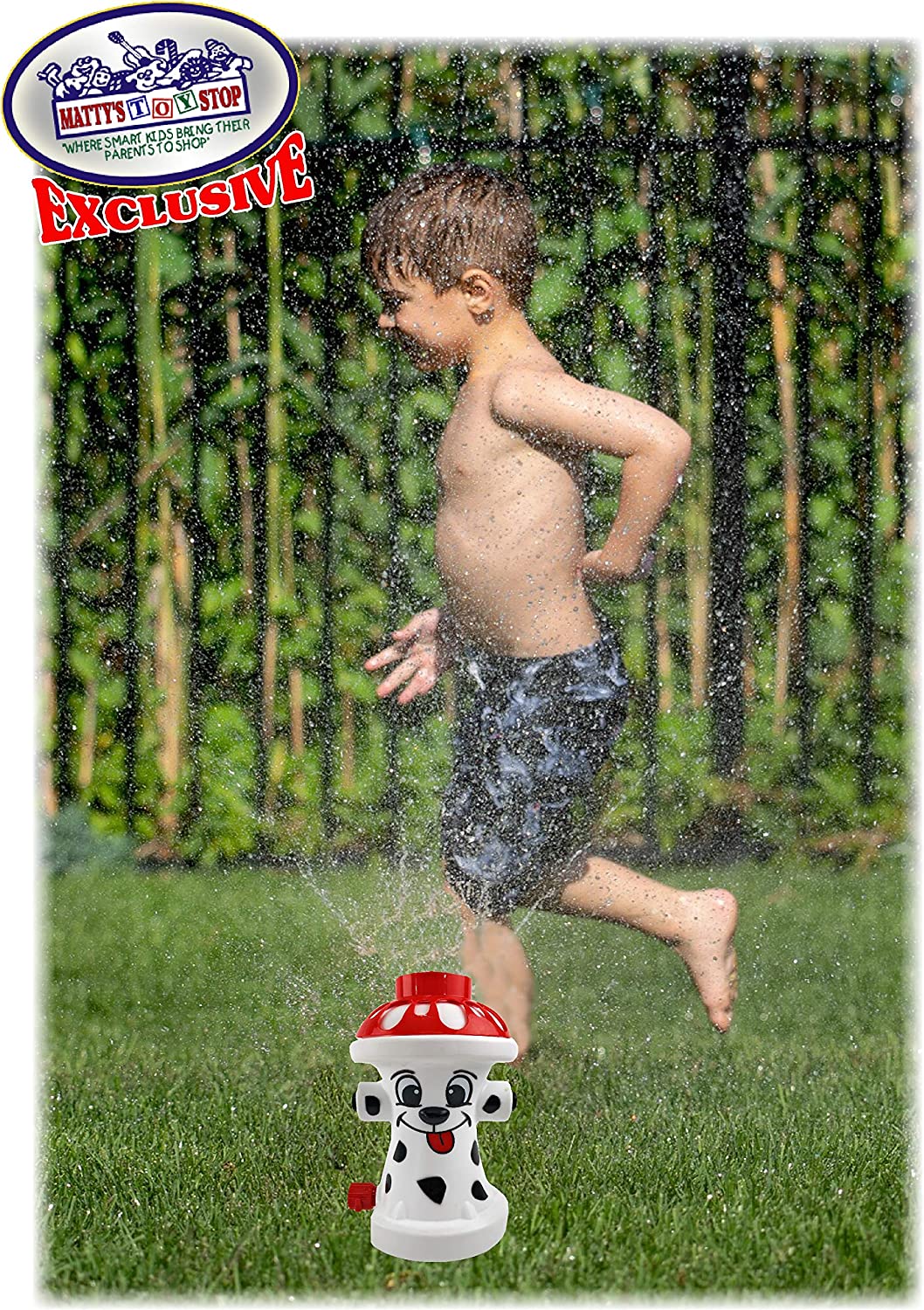 Matty's Toy Stop FIDO The FIRE Dog Hydrant Water Sprinkler for Kids， Attaches to Standard Garden Hose and Sprays Up to 10 Feet High and 16 Feet Wide， Measures 10.75