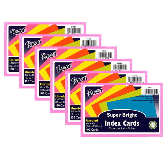 Pacon PAC1721 6 Super Bright Index Cards 4X6  Unru...