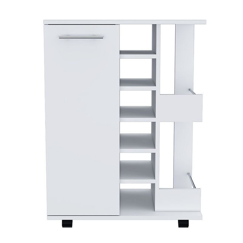 DEPOT E-SHOP Magda Bar Cart， Four Casters， Six Built-in Wine Rack， Single Door Cabinet， Two External Shelves， White