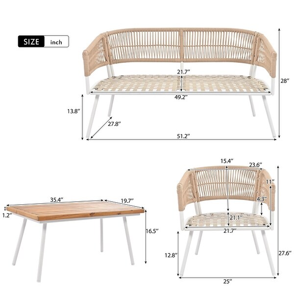 Boho 4Piece Rope Patio Furniture Set Patio Conversation Sofa Set with Acacia Wood Table and Deep Seating Cushions