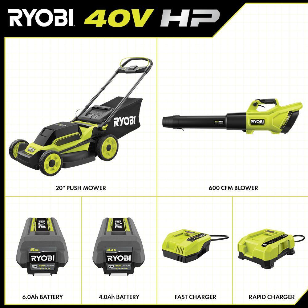 RYOBI 40V HP Brushless 20 in. Cordless Battery Walk Behind Push Mower  Blower with (2) Batteries and Charger RY401170-2X