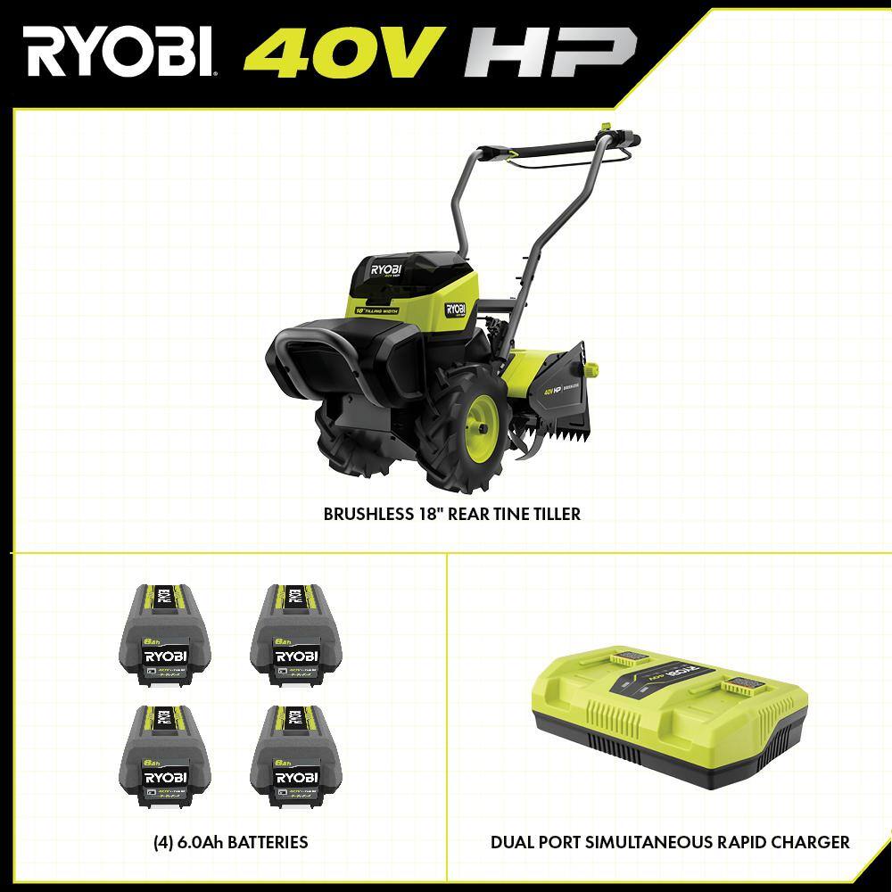 RYOBI 40V HP Brushless 18 in. Battery Powered Rear Tine Tiller with (4) 6.0 Ah Batteries and Charger RY40720