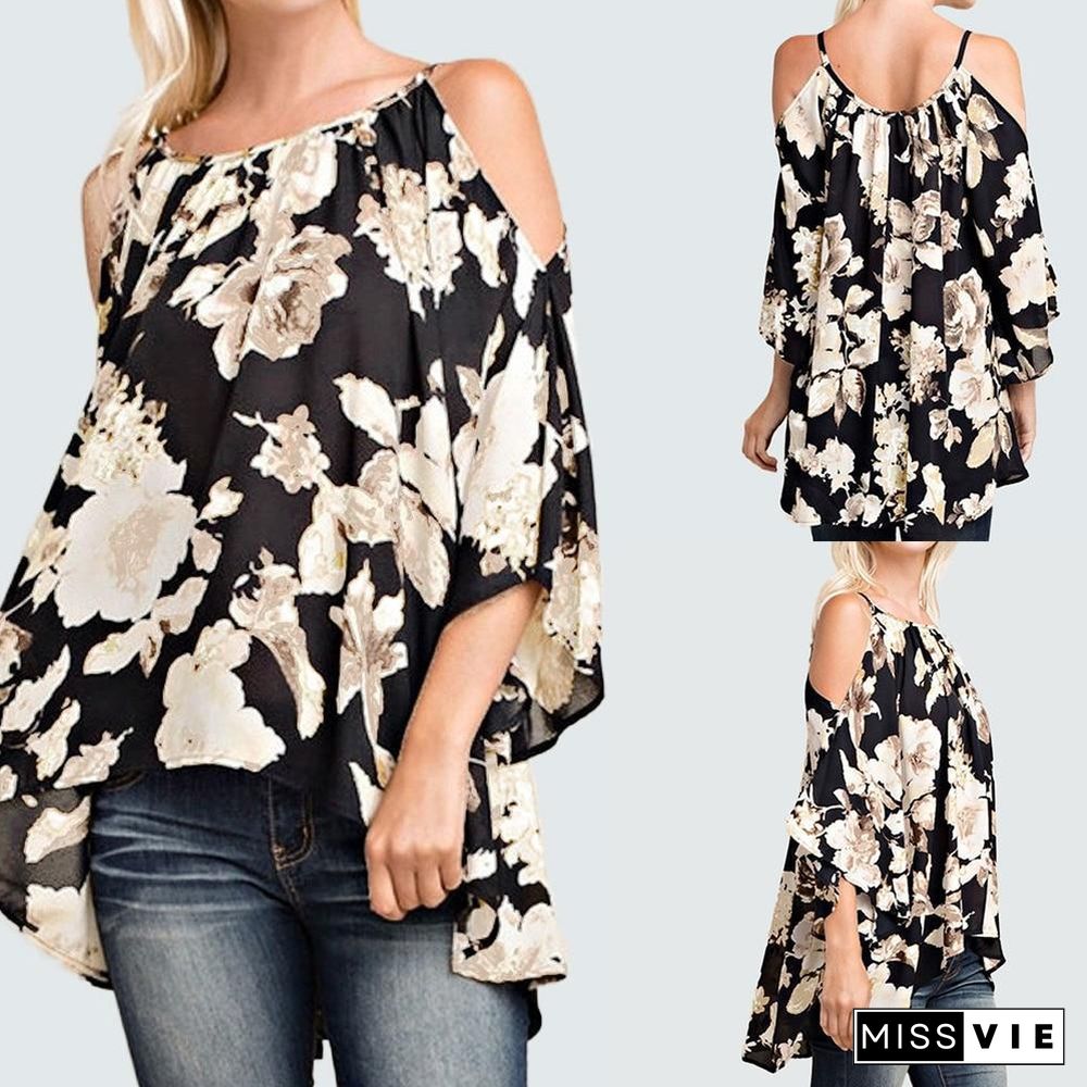 Women Off Shoulder Shirts Boho Floral Print Tunic Plus Size Blouse Shirt