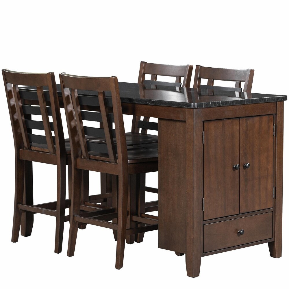 5 Piece Dining Set with Faux Marble Tabletop  Solid Wood  and Storage