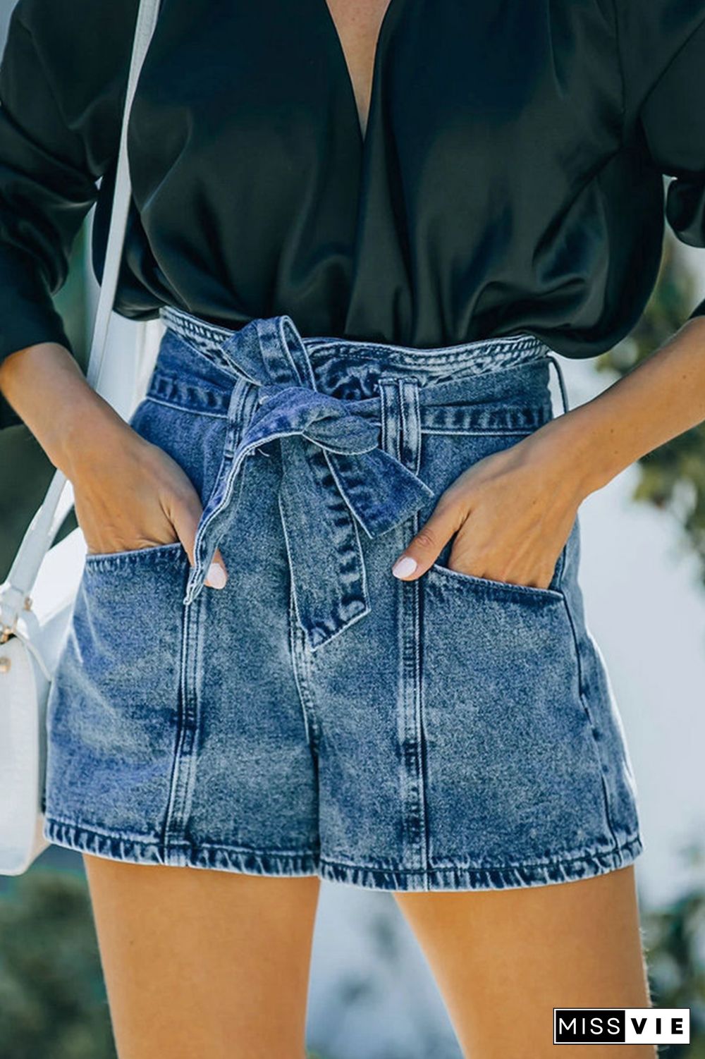 Casual Solid Pocket With Belt High Waist Denim Shorts