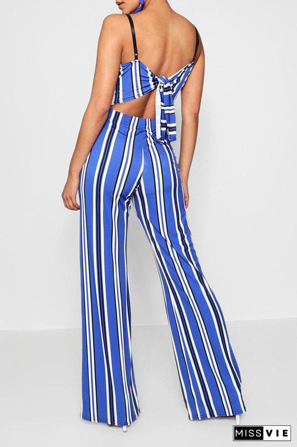 Mixed Color Stripe Printed Open Back Jumpsuit