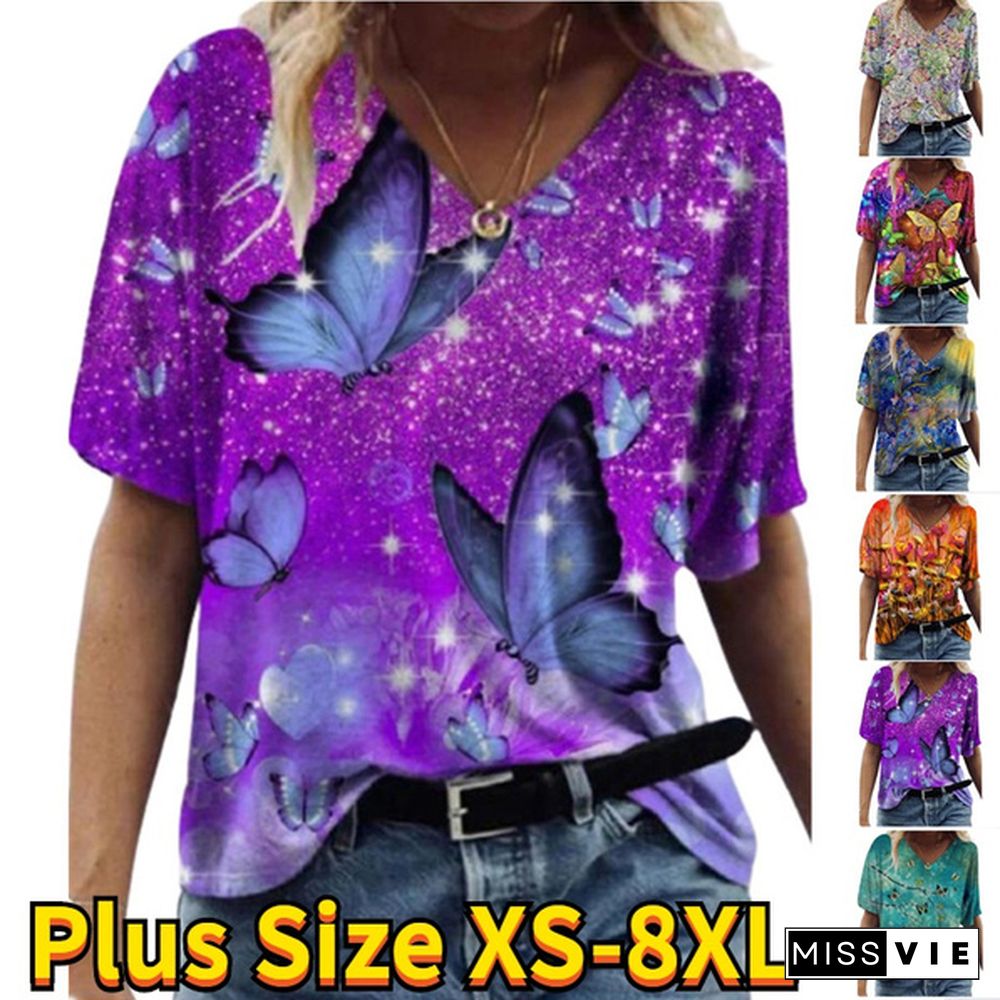 Women 3D Flower Print T Shirt Abstract Top Summer New Fashion Street Casual V-Neck Loose Tee Oversized Ladies Cotton Tops Plus Size XS-8XL