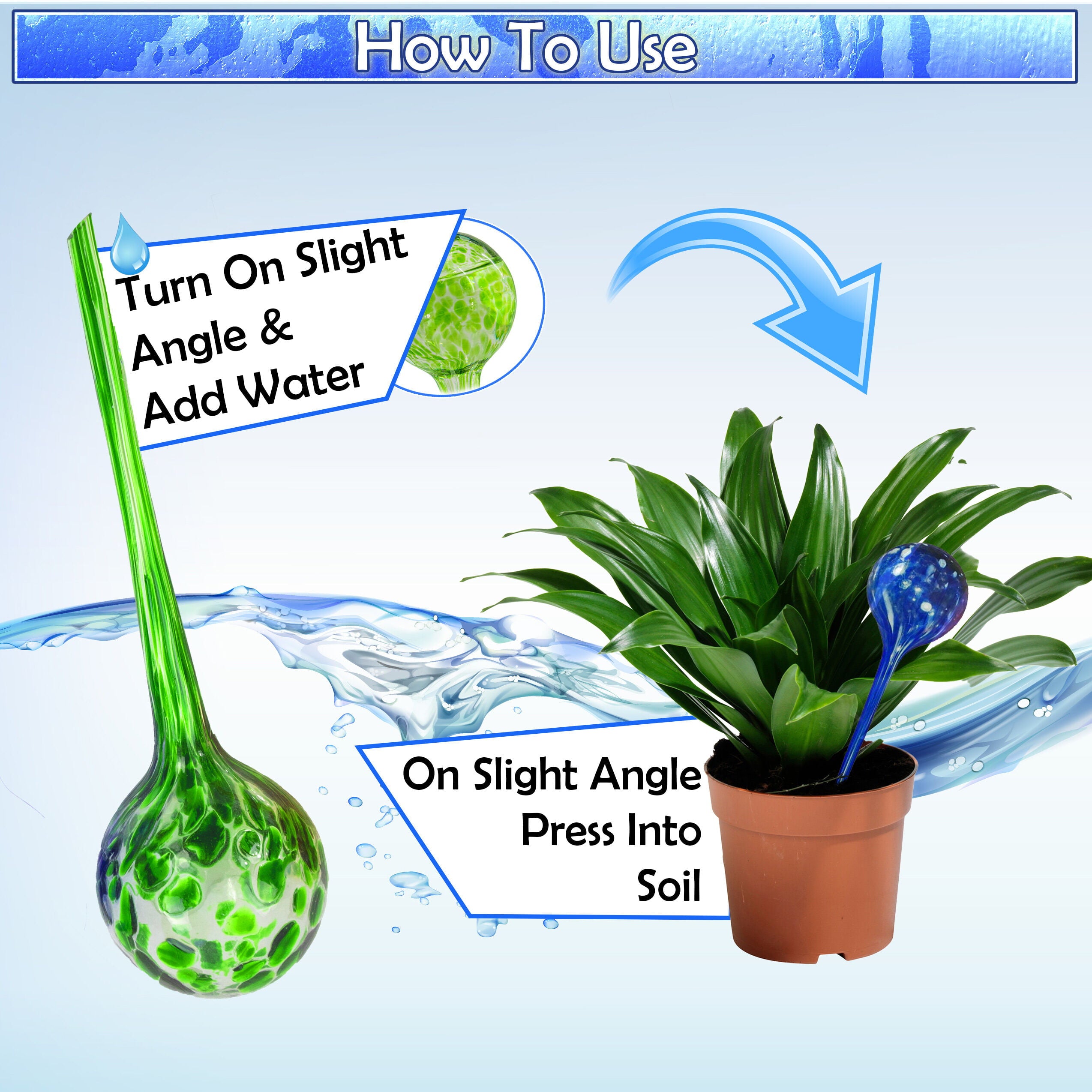 4pc Large Aqua Plant Watering Globes - Automatic Self Drip Watering Plant Glass Ball Bulbs - Indoor Outdoor Use - Perfect Potted Flowers, Houseplants, Herbs - Or While Out On Vacation As Seen TV