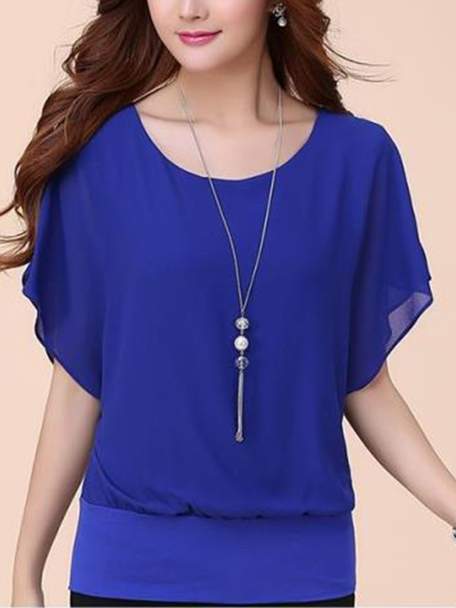 Spring Summer  Blend  Women  Crew Neck  Plain  Short Sleeve Blouses