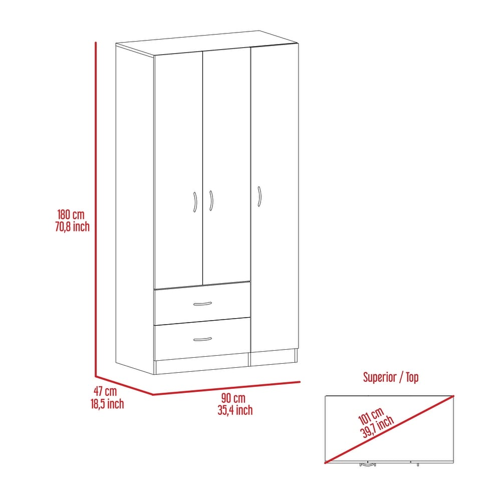 Bedroom 3 Door Armoire Cabinet with Clothing Rod and Drawer   Shelves