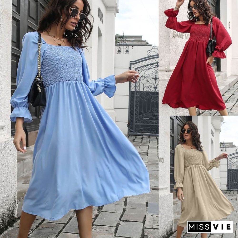 Elegant Fashion Spring Women Dress New Chiffon Solid Casual Full Flared Sleeve One-line Collar Pleated Midi A-line Dress