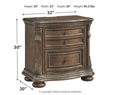 Signature Design by Ashley Charmond Ornate 3 Drawer Nightstand with 2 Felt-Lined Accessory Drawers, 2 AC Power Outlets & 2 USB Charging Stations, Dark Brown Oak Finish