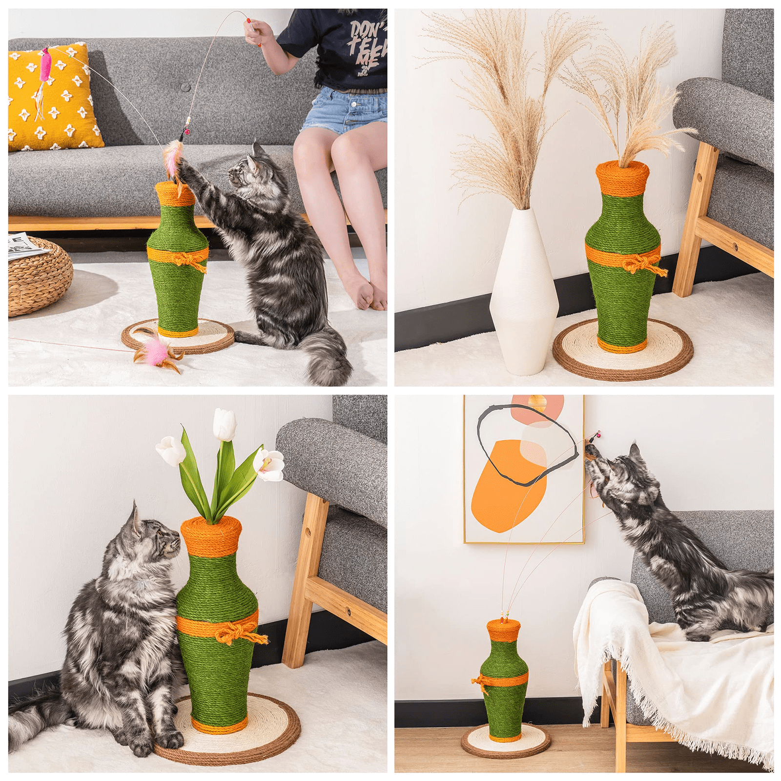 Cat Scratching Post with 3 Feather Toys， 2-in-1 Vintage Vase-shaped， Furniture Scratching Deterrent for Indoor Cats