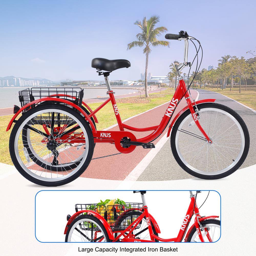 Cesicia 24 in. Wheels Red 7 Speed Cruiser Bicycles Adult Tricycle Trikes with Large Shopping Basket Adtrbikepur03