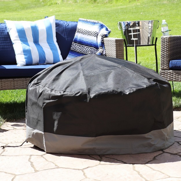 Sunnydaze Outdoor Heavy duty Weather resistant 300d Polyester Round 2 tone Fire Pit Cover Gray And Black