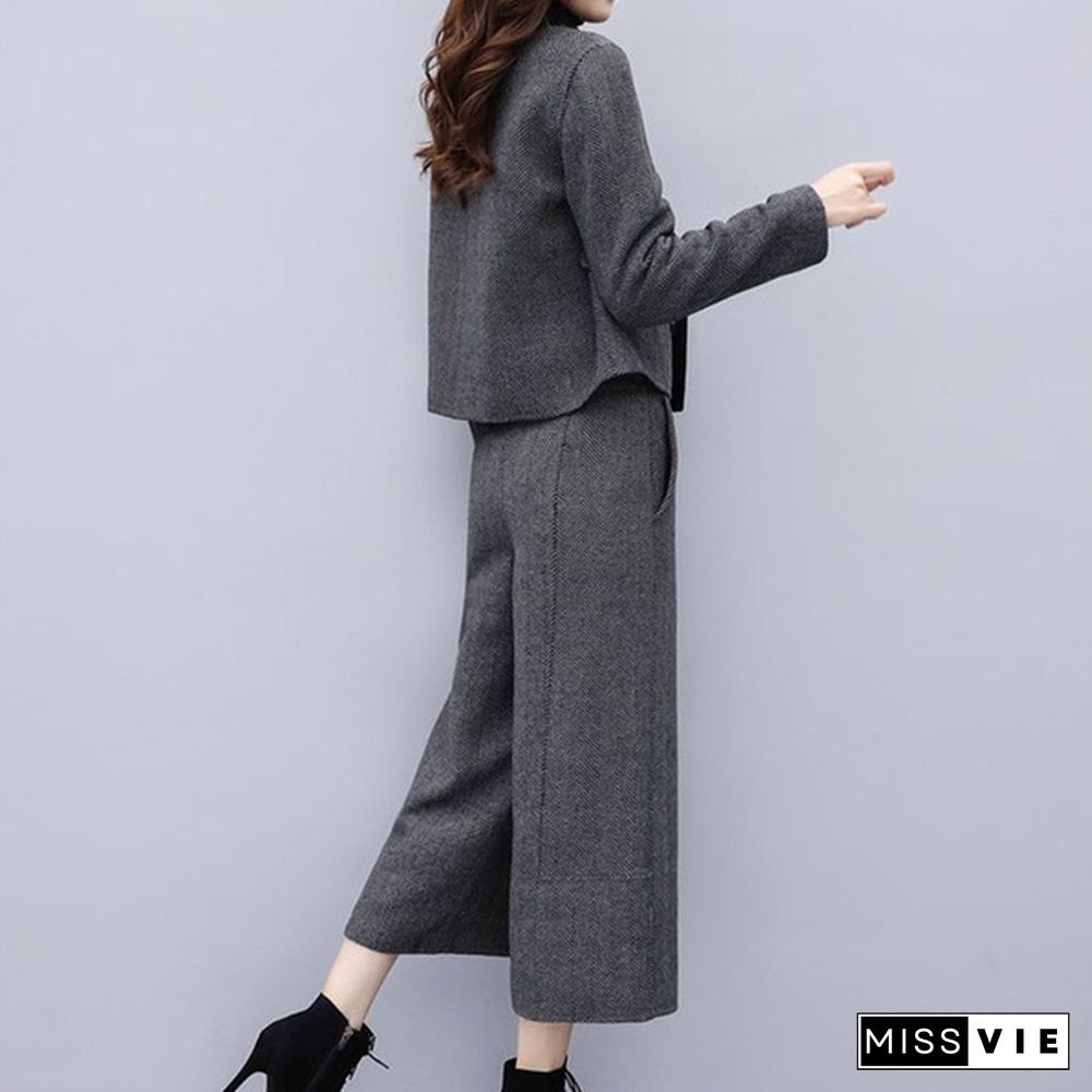 Autumn Winter Woolen Two Piece Sets Outfits Women Plus Size Short Coat And Wide Leg Pants Suits Elegant Office Korean Sets