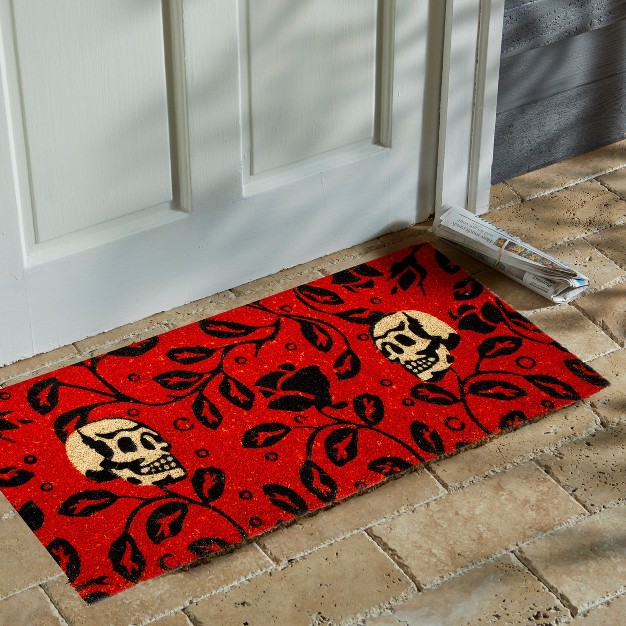 White Skulls With Black Ivy Estate Rectangle Indoor And Outdoor Estate Coir Door Welcome Mat Orange And Black