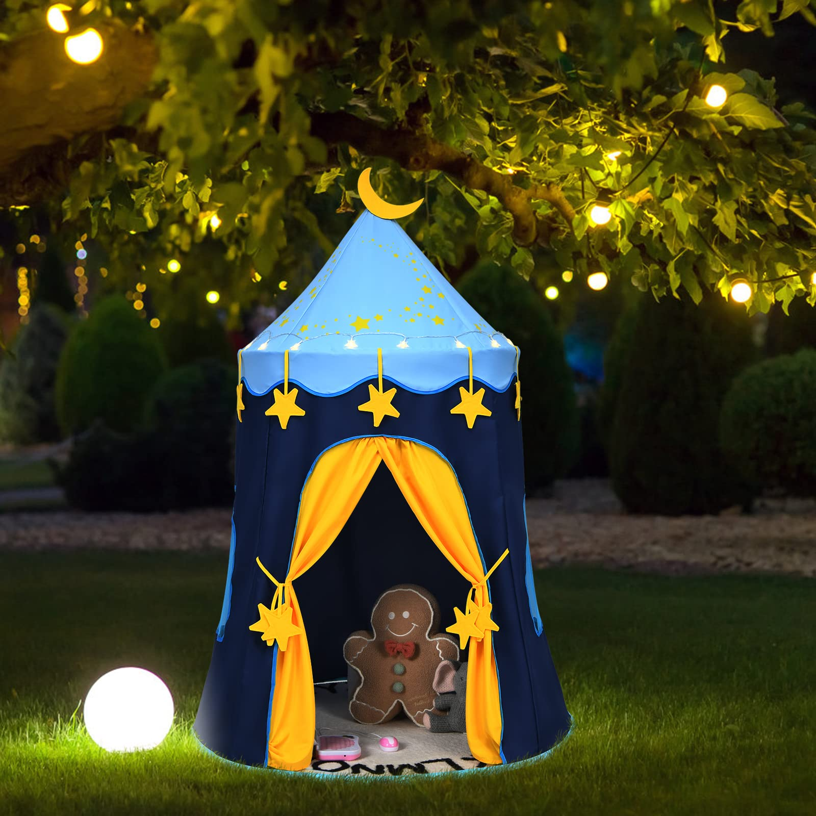 Costzon Kids Play Tent, Foldable Large Pop Up Playhouse Tent w/ Star String Lights & Carrying Bag