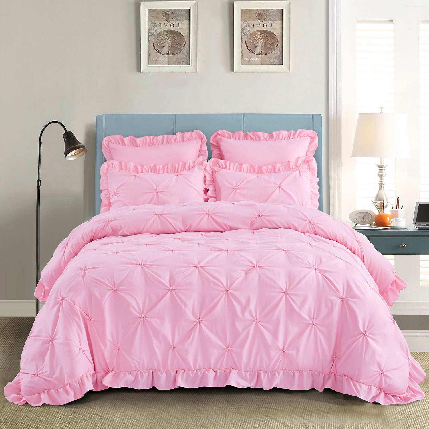 5 Piece Pinch Pleat Scallop Fringe Bedding Embroidered Comforter Set