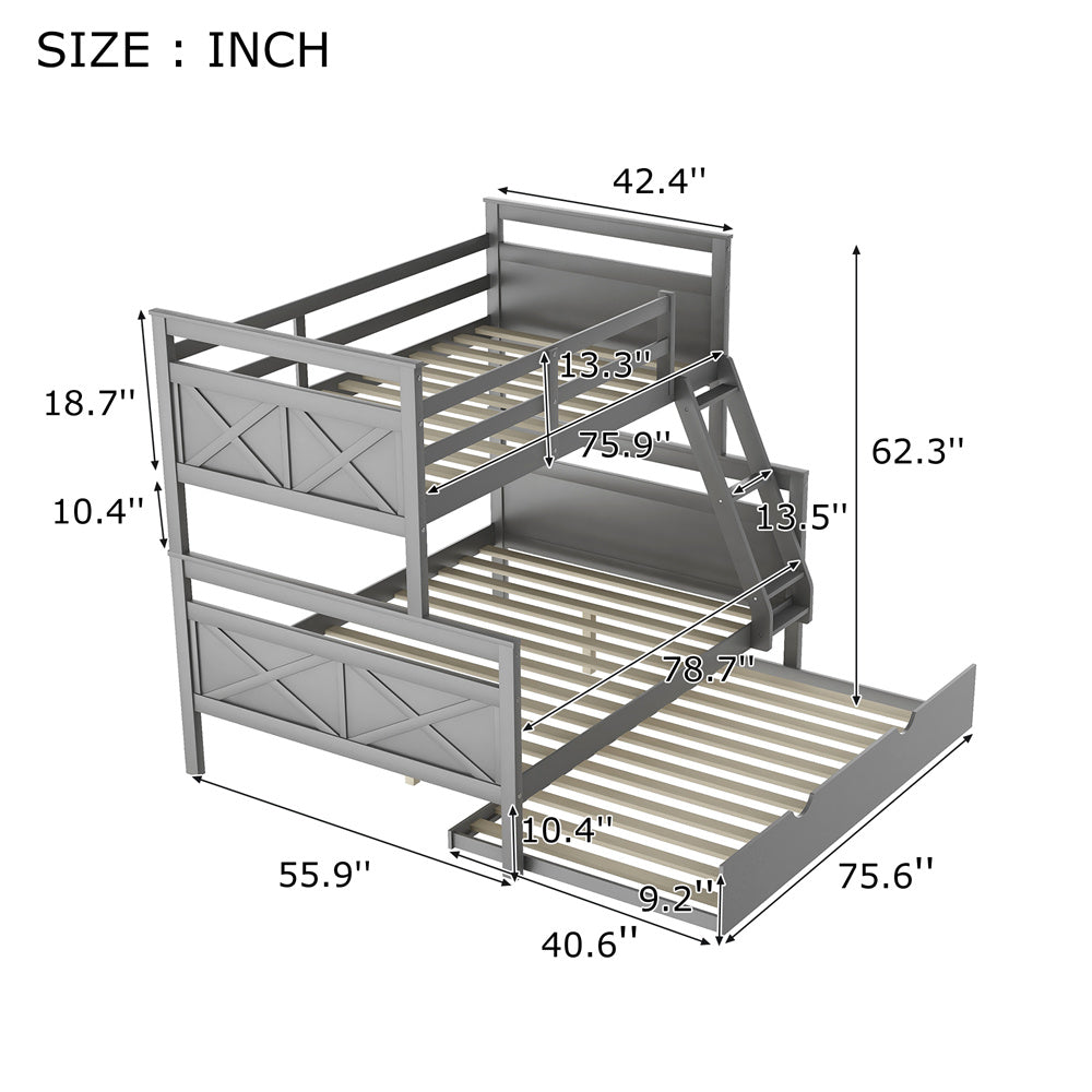 Twin Over Full Bunk Bed with Trundle, Pine Wood Bed Frame and Ladder with Guard Rails for Toddlers, Kids, Teens, Boys and Girls, Grey