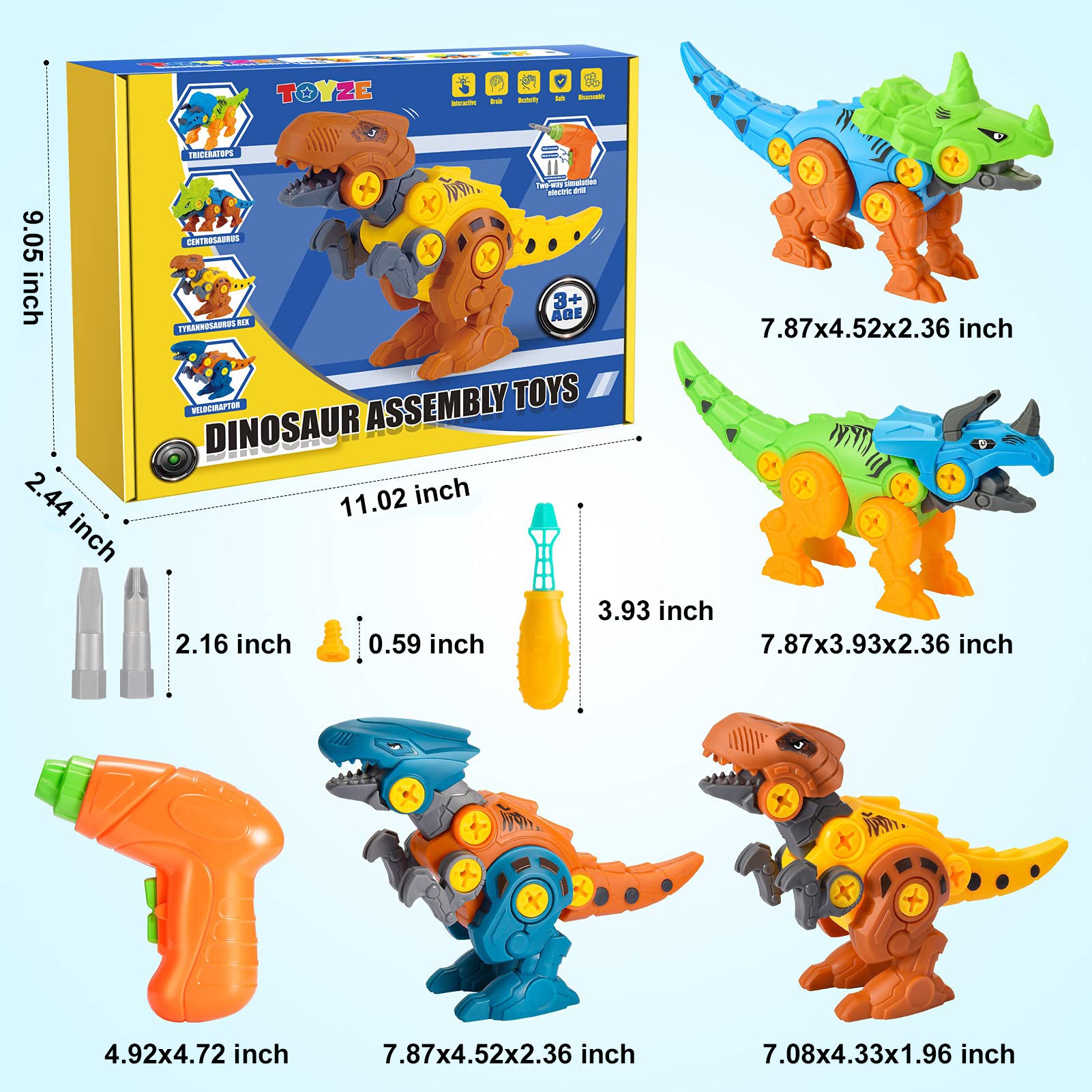 Take Apart Dinosaur Toys for 3 4 5 6 Year Old Boys， Electric Drill Tool Dinosaurs Construction Building Toys for Kids Age 3-7