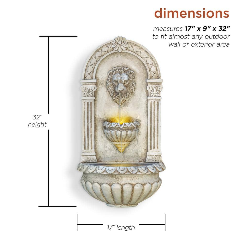 Alpine Corporation 32 in. Tall Outdoor Classical Wall-Mounted Water Fountain with Lion Head and LED Lights TZL160