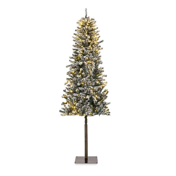 PreLit Snow Flocked Slim Pencil Christmas Tree w/ LED Lights，Stand