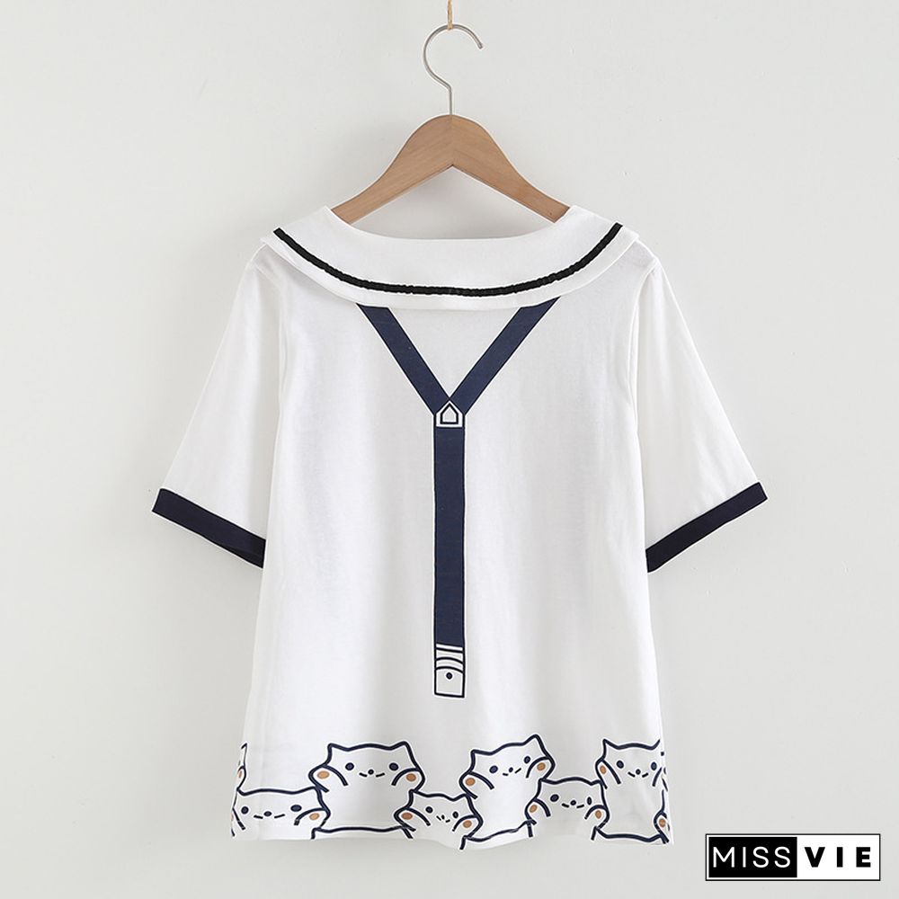 Cartoon Kitty Print Doll Collar T-Shirt