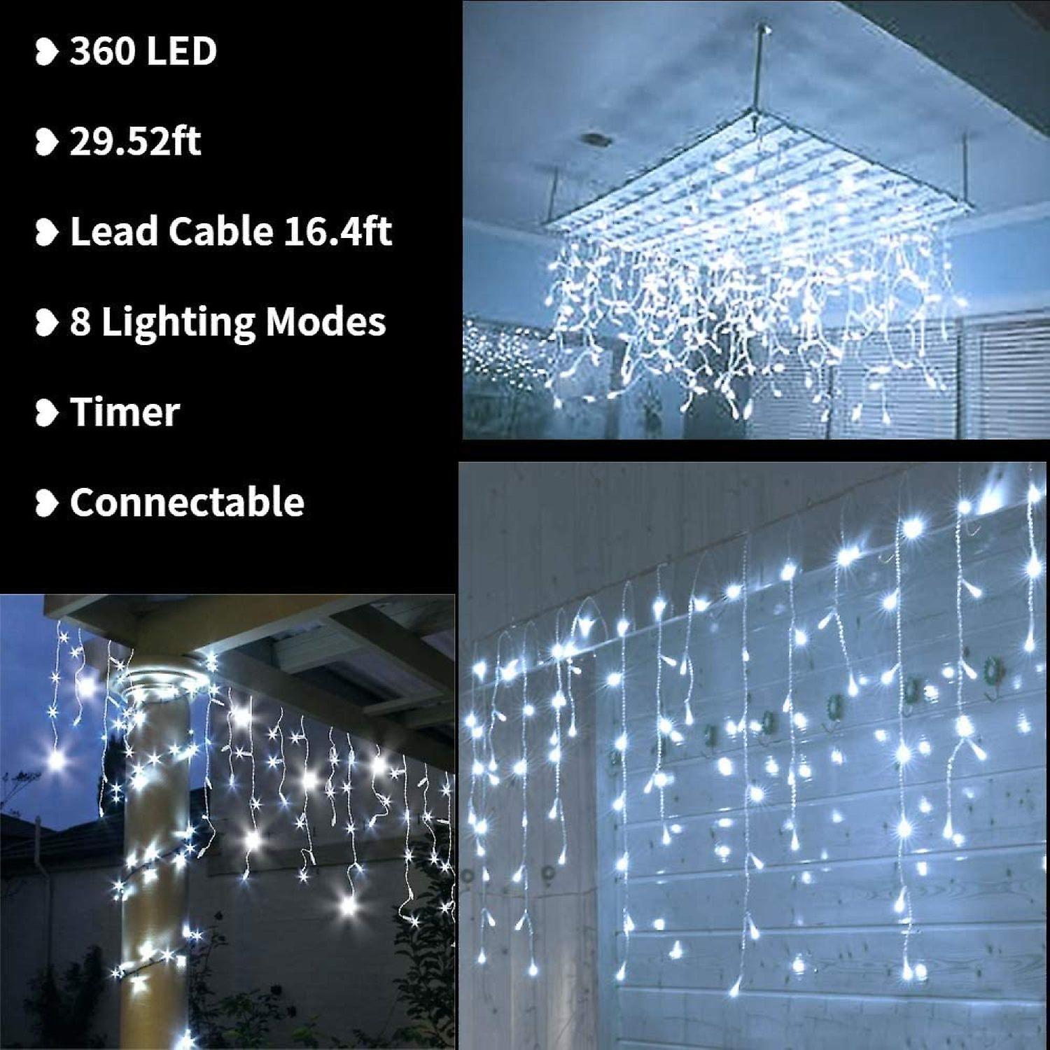 Dexusay Christmas Icicle Lights Outdoor， 360 Led 29.5ft 8 Modes Fairy Icicle String Lights With 60 Drops， Led Christmas Twinkle Lights For Holiday， Pa