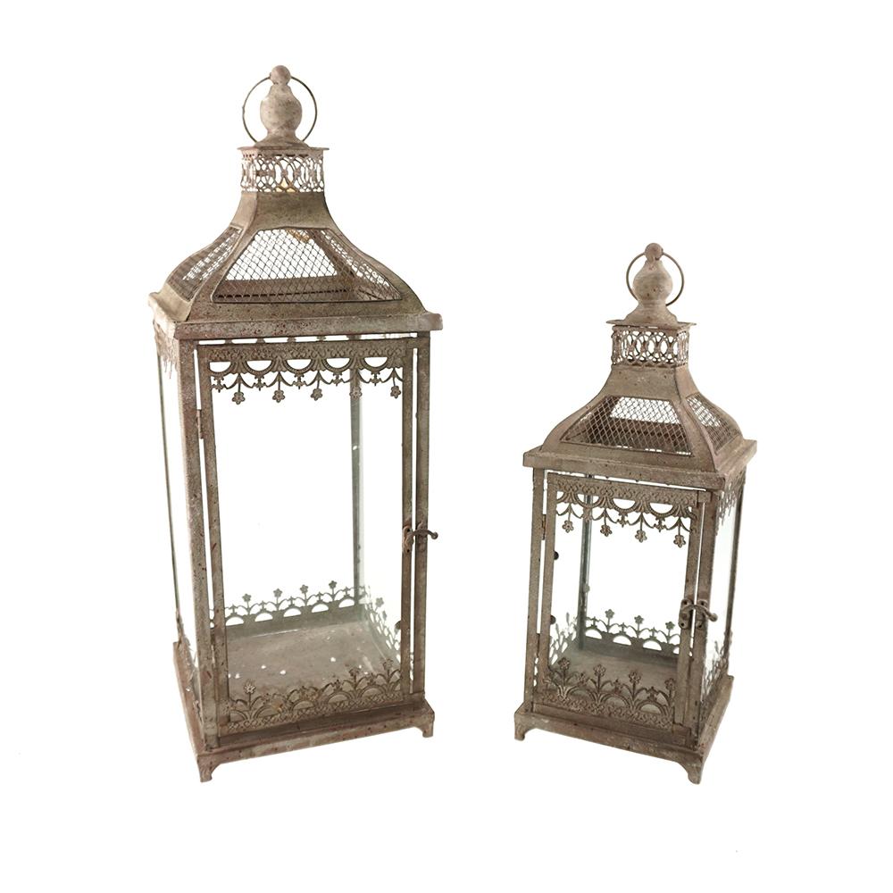 Distressed Metal Lantern with Angled Top and Glass Door， 2-Piece