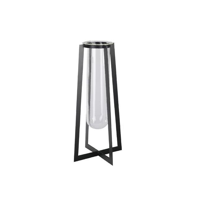 Urban Trends Collection 59317 Metal Square Vase with Hanging Clear Tube Glass & Flaired Bottom& Coated Black - Large